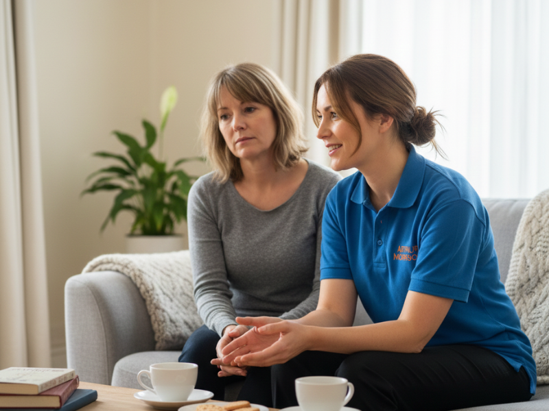 Mental health support worker providing companionship to client at home