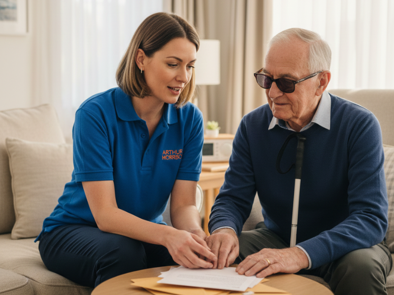 Support worker helping visually impaired client at home